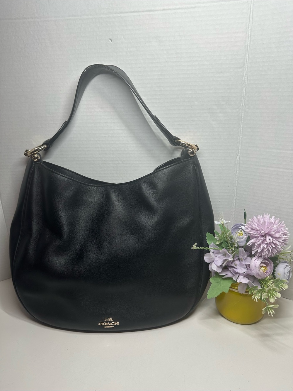 Coach Black Leather Shoulder Hobo Bag with Gold Hardware
